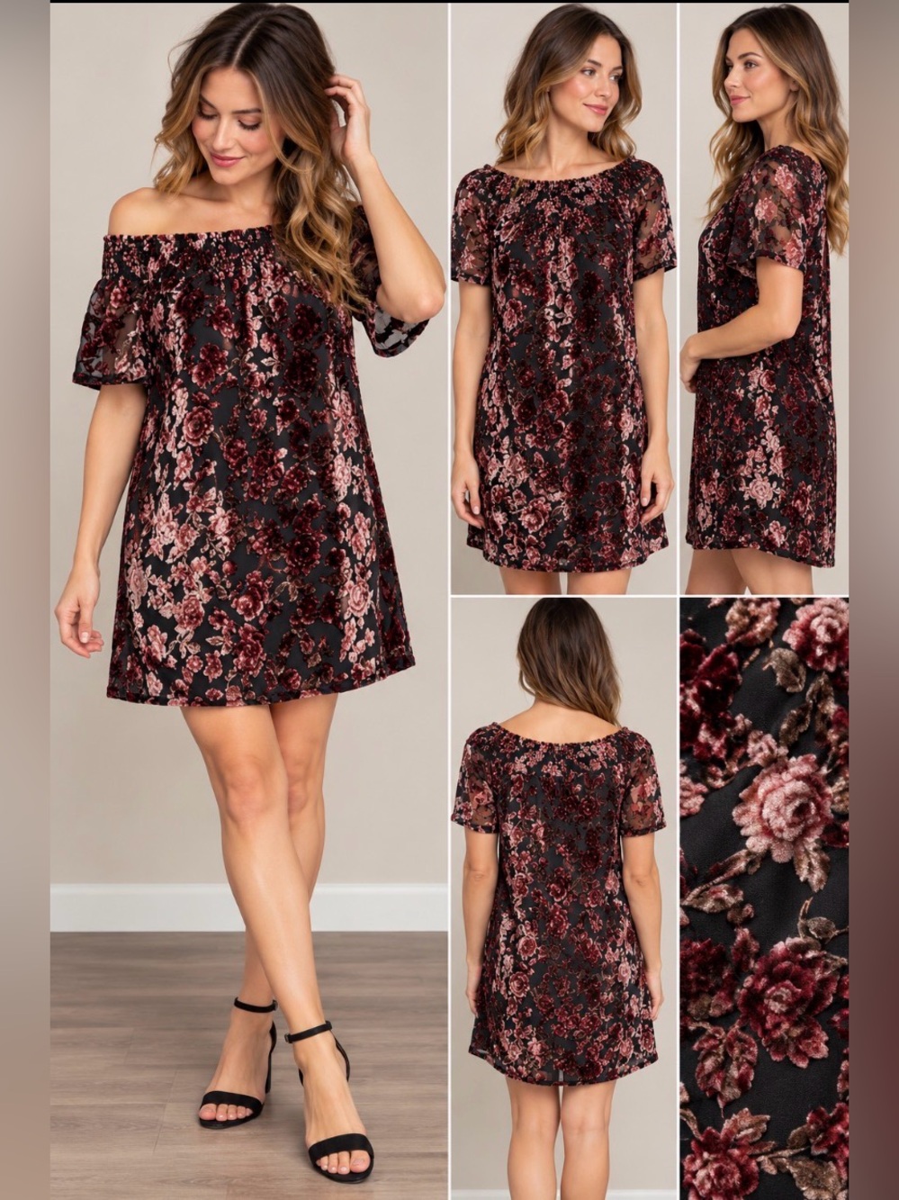 Anthropologie Barrott Floral Velvet Off Shoulder Mini Dress Black Pink Sz 2